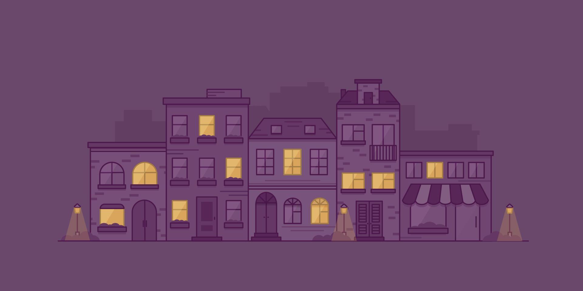 stadsbild med radhus, lyktor och buskar på natten. stadsgata med byggnadsfasader. vektor illustration i linjär stil.