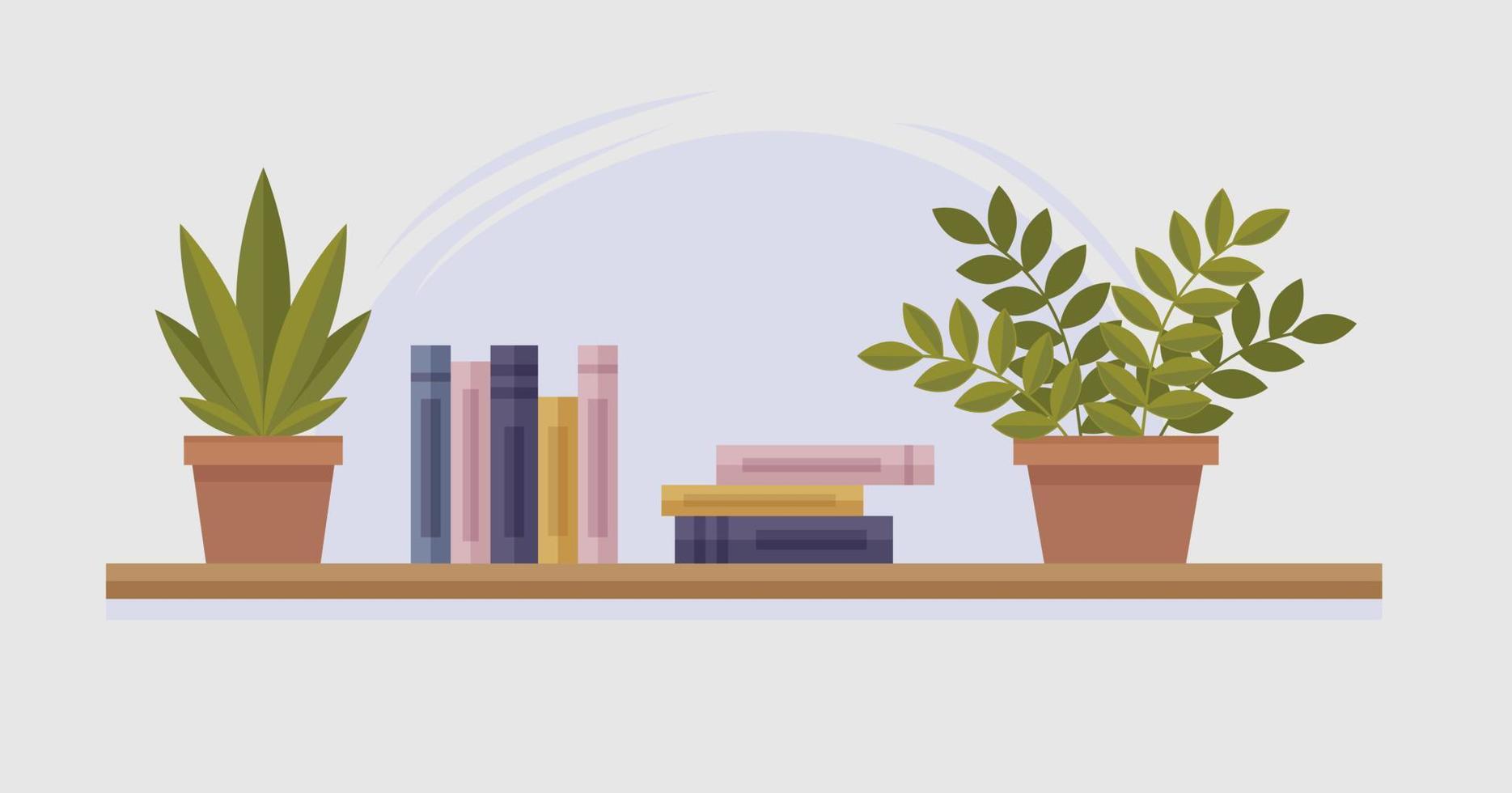 Bücherregal. Regal für Bücher mit Pflanzen im Topf. vektorillustration im flachen karikaturstil. vektor