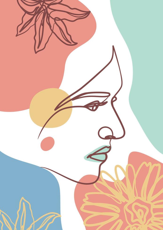 kvinna ansikte en linje konst ritning affisch. kontinuerlig linjeritningsstil vektor