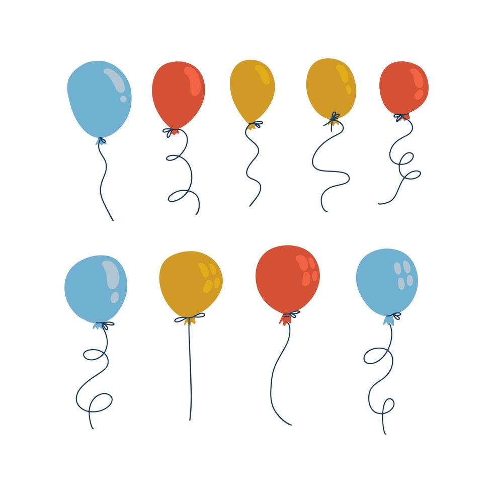 blaue, gelbe und rote Luftballons im Cartoon-Flat-Flat-Stil isoliert auf weißem Hintergrund. Vektorset für Verkaufsdekor. vektor