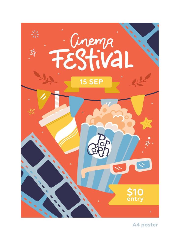 Kinofilmfestival Plakat Bannerkarte und Popcorn, Glas für Werbung, Einladung, Präsentation. Vektor flache handgezeichnete Illustration der Kinematographie. Plakatvorlage im A4-Format