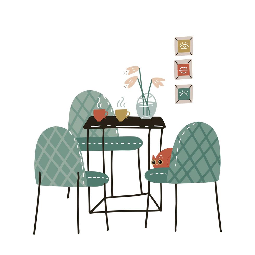 moderna matsalsmöbler. metall hus inredning, dekoration.järnbord med stolar, vas och bilder. skandinavisk trendig stil. enkel inredningstrend. platt handritad vektorillustration. vektor