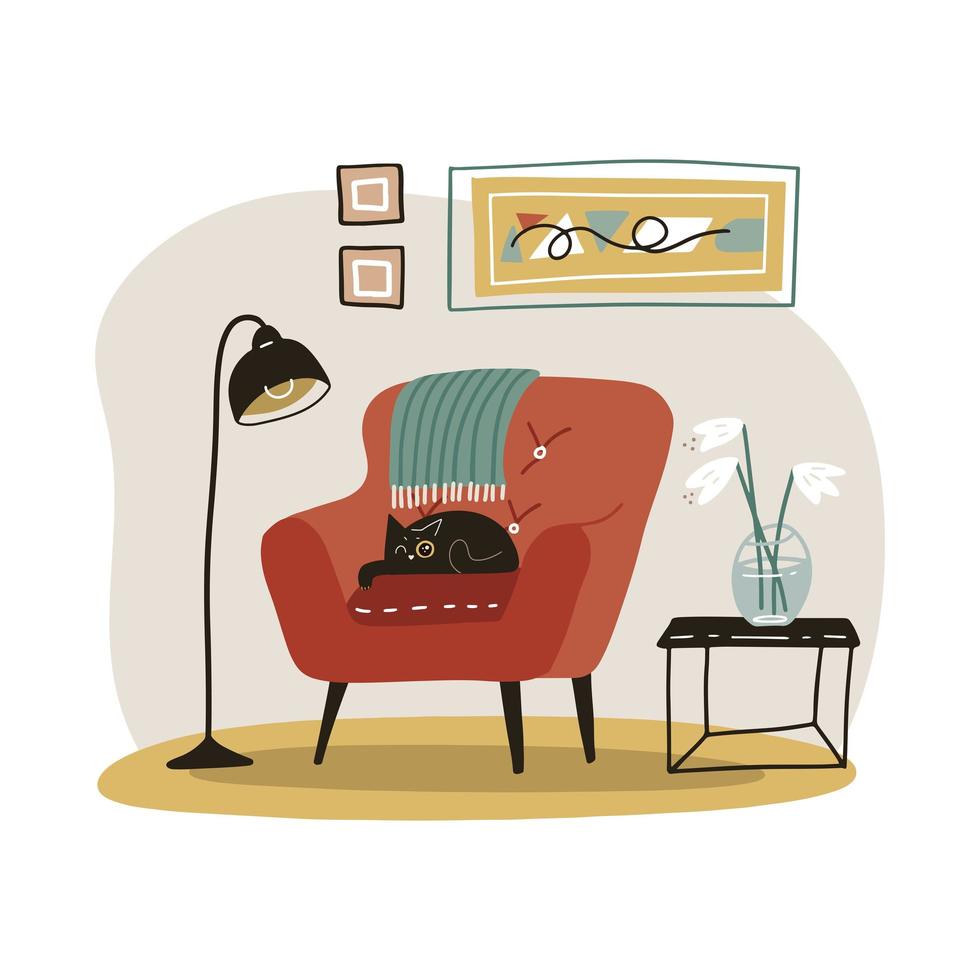 stilren skandinavisk vardagsrumsinredning - röd fåtölj, soffbord, vas, lampa, heminredning. mysiga hemmöbler. modern bekväm lägenhet inredd i hygge stil. platt vektor illustration.