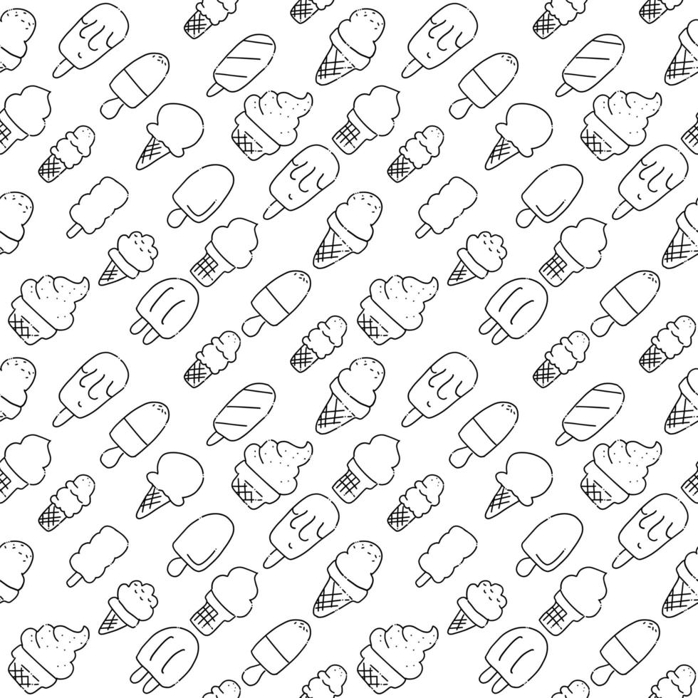 glass handritad mönster. rita fruktglass, sorbet, lolly. sommar sömlös bakgrund. skiss ikoner av glass. handritad svart och vit vektorillustration i doodle stil. vektor