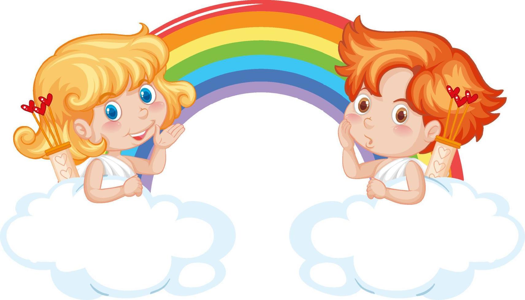 ängel pojke och flicka med regnbåge i tecknad stil vektor