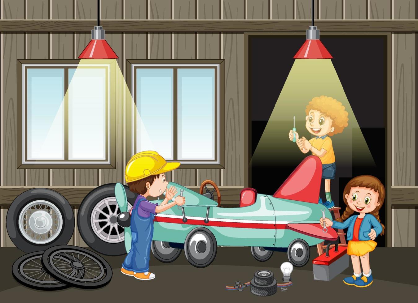Kinder reparieren gemeinsam ein Auto in der Garage vektor