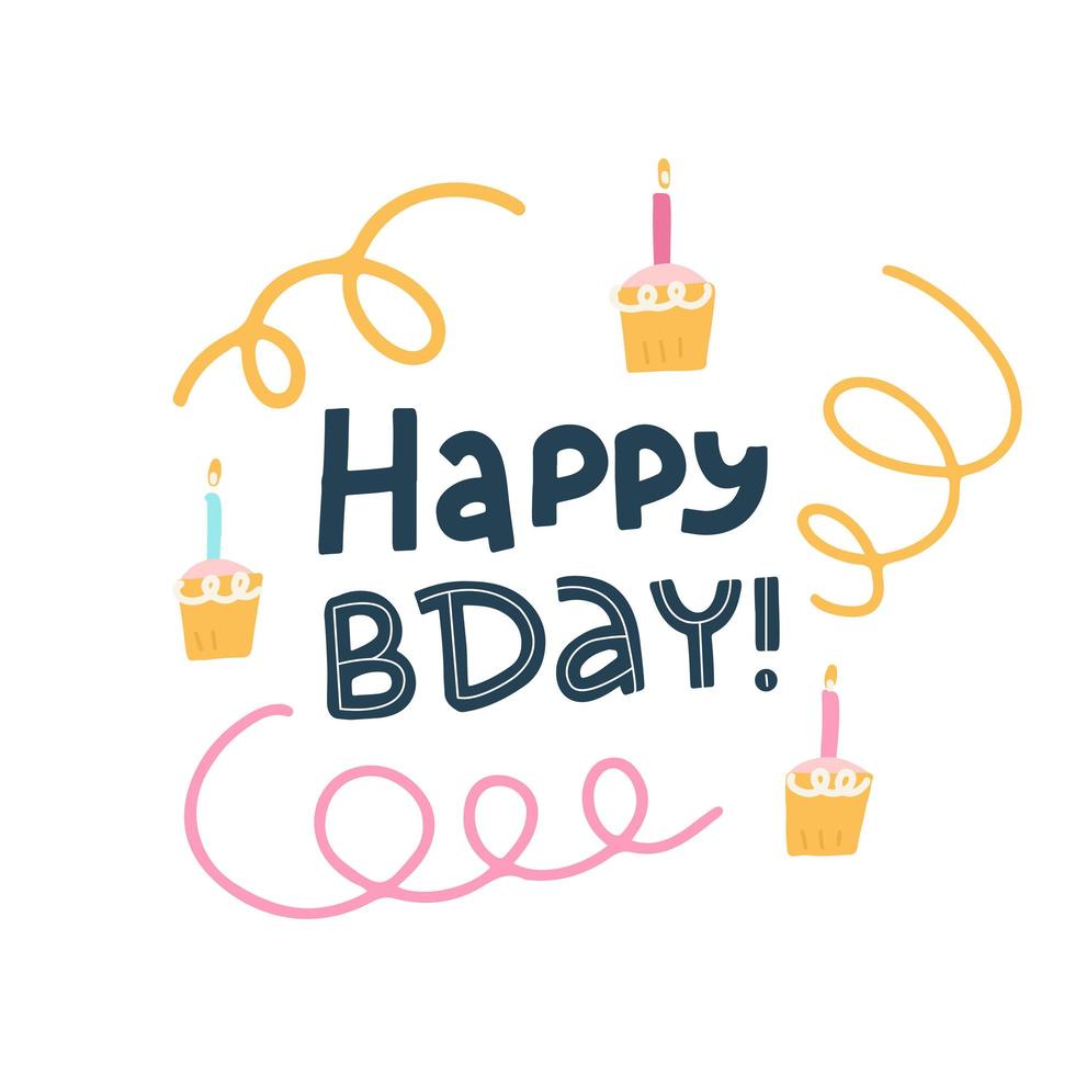 festlig konfekt och handskriven födelsedagsfras platt bokstäver citat, cupcake med ljus illustration. vektor