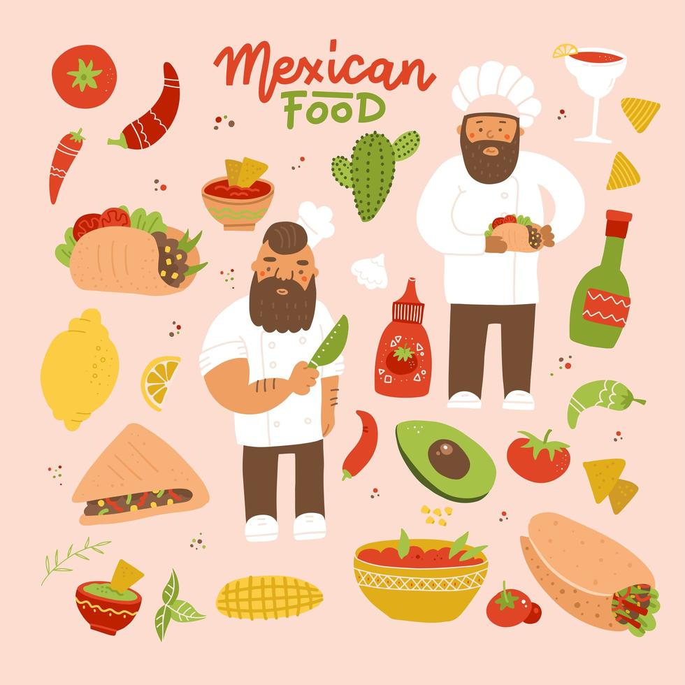 uppsättning bilder av mexikanska rätter och kockar och gräslökar. platt vektor illustration på färgbakgrund.