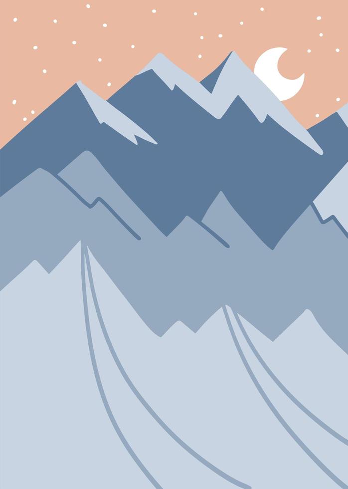 schneebedeckte Berggipfel mit Mond. abstrakte Winterlandschaft. Morgenhimmel mit Sonnenfinsternis. Innenkunst. flache vektorillustration. vektor