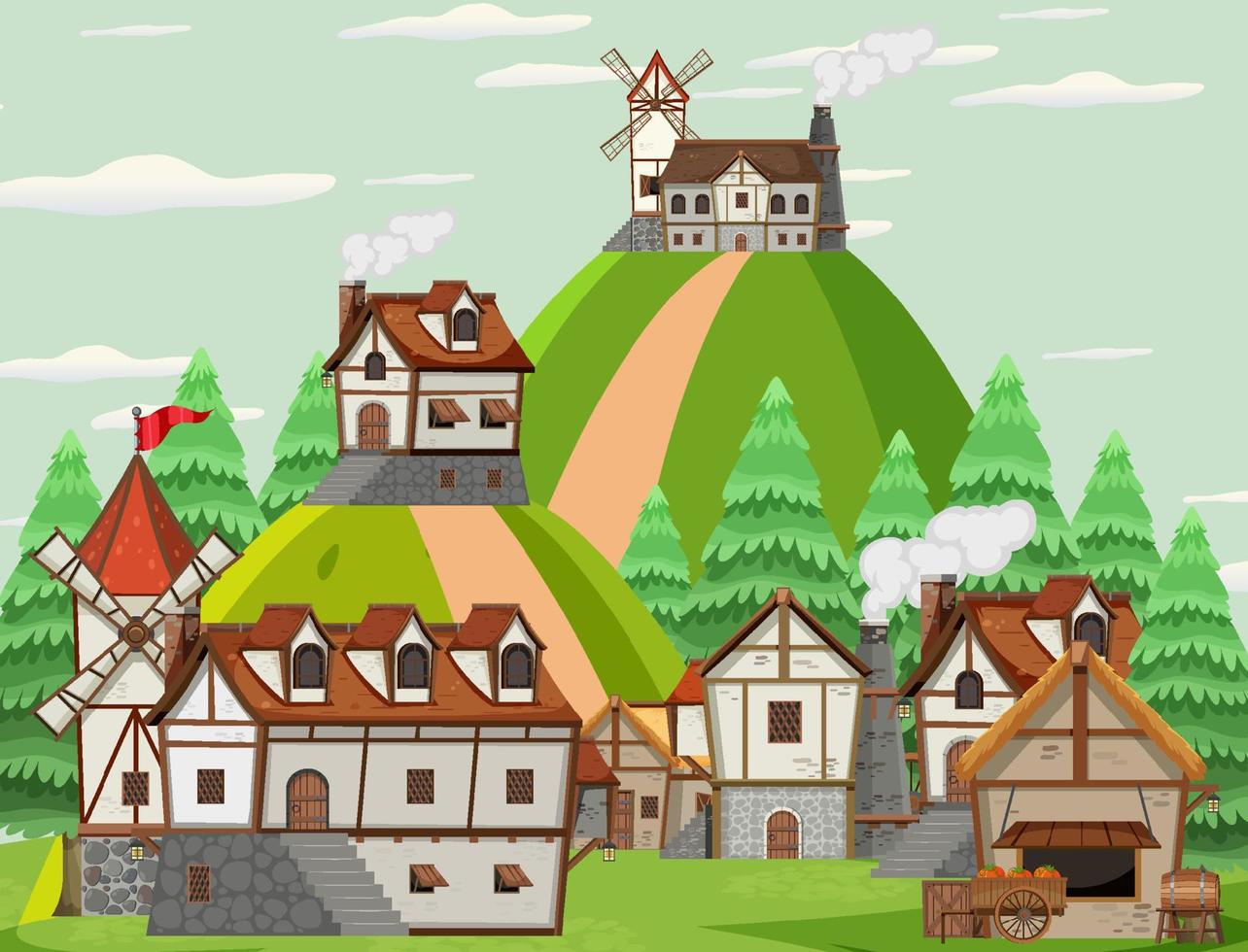 medeltida byscen med väderkvarn och hus vektor