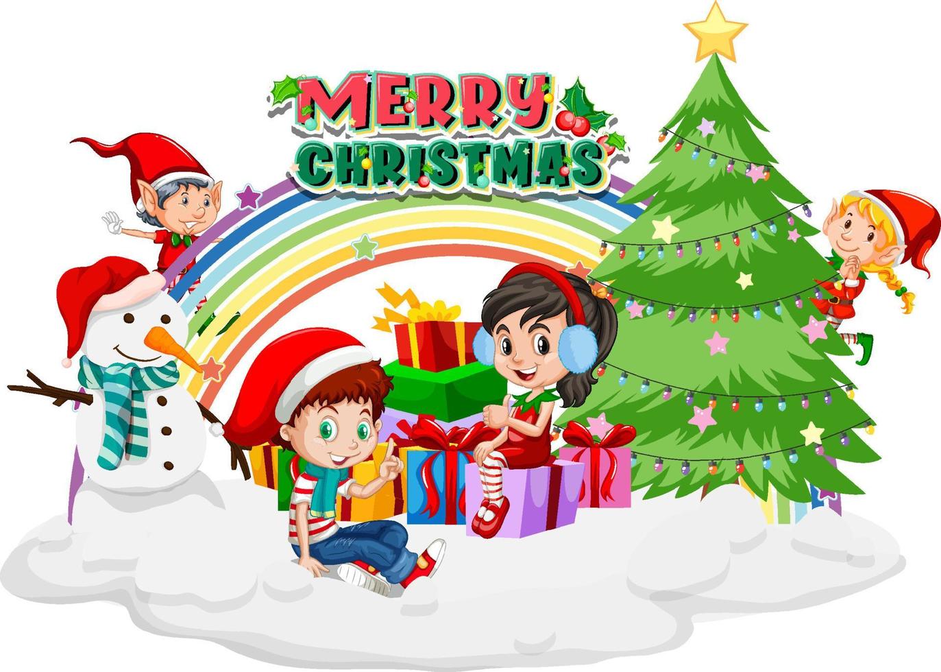god jul med glada barn och julgran vektor