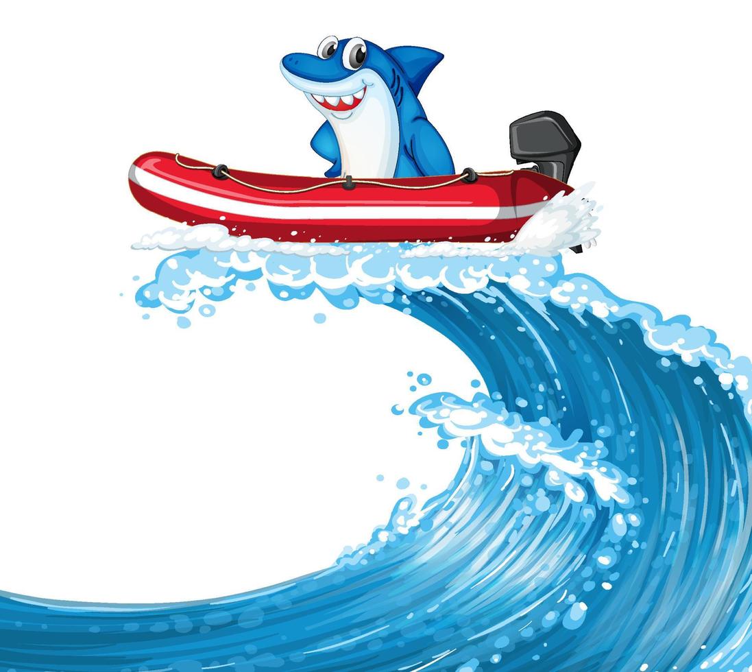 glad haj på uppblåsbar båt med havsvåg vektor