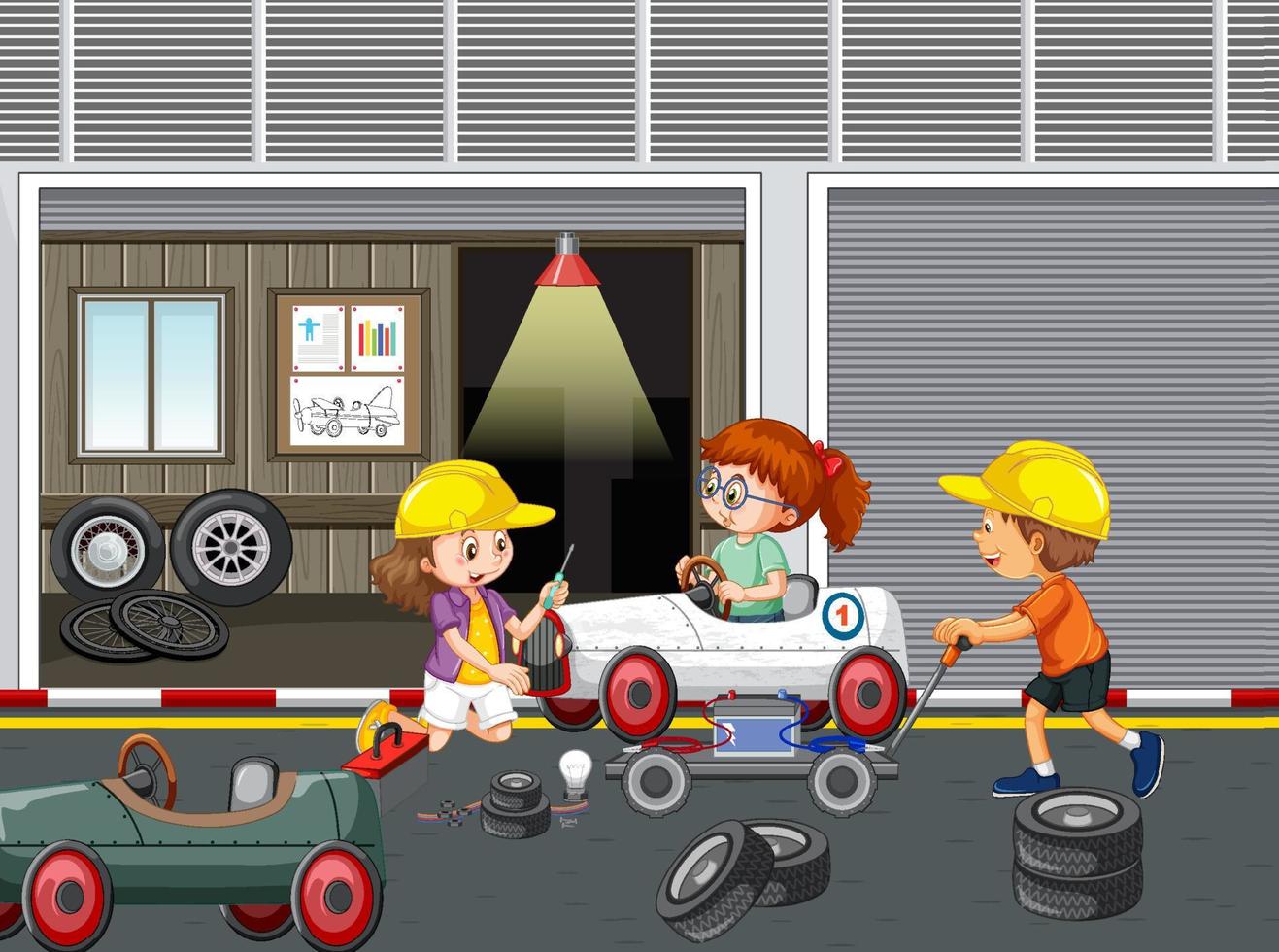 Kinder reparieren gemeinsam ein Auto in der Garage vektor