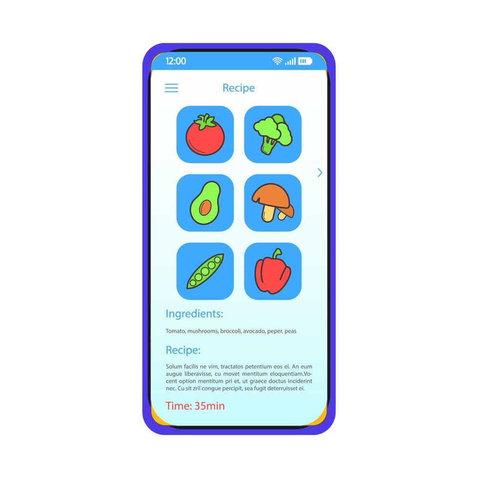 lebensmittelrezepte smartphone schnittstelle vektorvorlage. mobile Koch-App-Seite blaues Design-Layout. Anweisungen zur Zubereitung von Gerichten, Zutatenbildschirm. flache Benutzeroberfläche für die Anwendung. einkaufsliste auf dem telefondisplay vektor