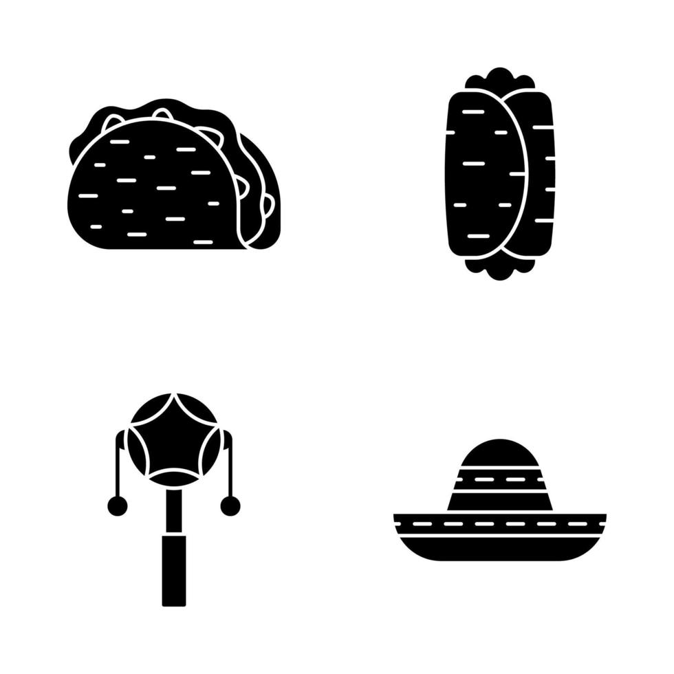 mexikanska glyph ikoner set. traditionell mat, kläder, musikinstrument. taco, burrito, mexikansk pelletstrumma, sombrero. siluett symboler. vektor isolerade illustration