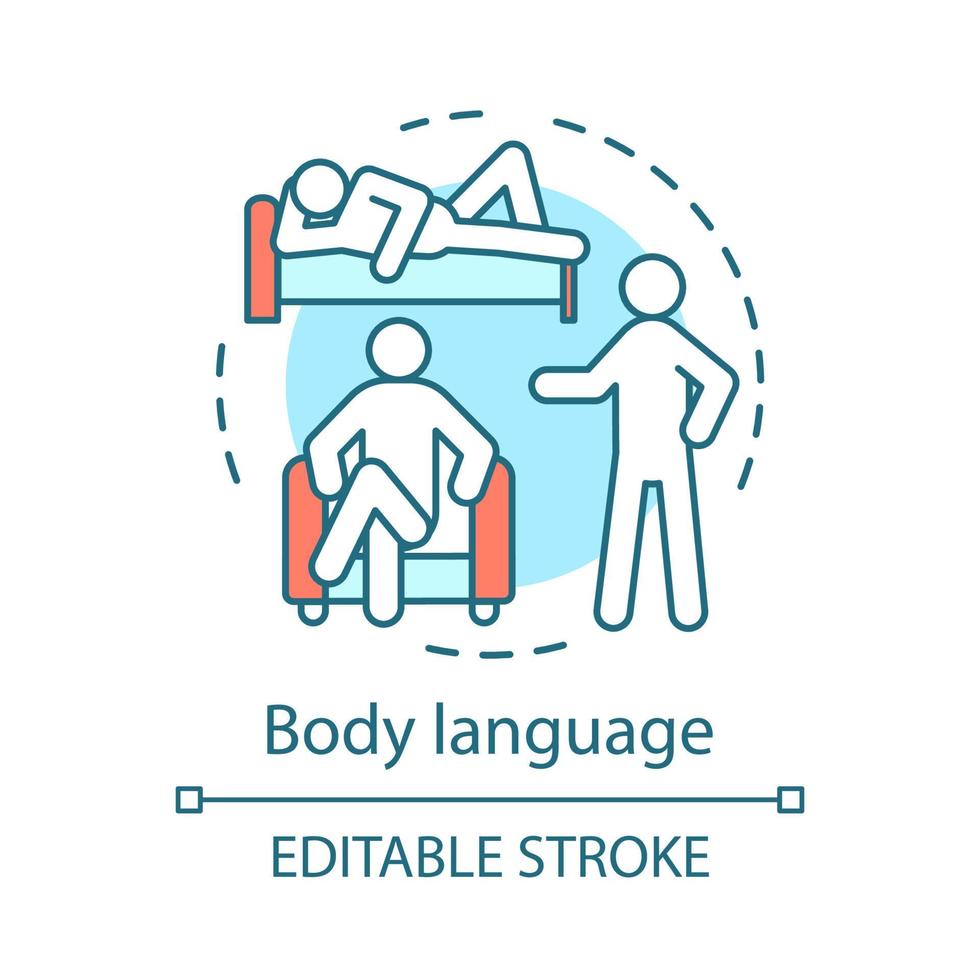 Symbol für das Konzept der Körpersprache. selbstbewusste Körperhaltungen, Positionen, Posen. Mann steht, sitzt und liegt. körperbewegung und gestikulieren der idee dünne linienillustration. Vektor isoliert Umrisszeichnung