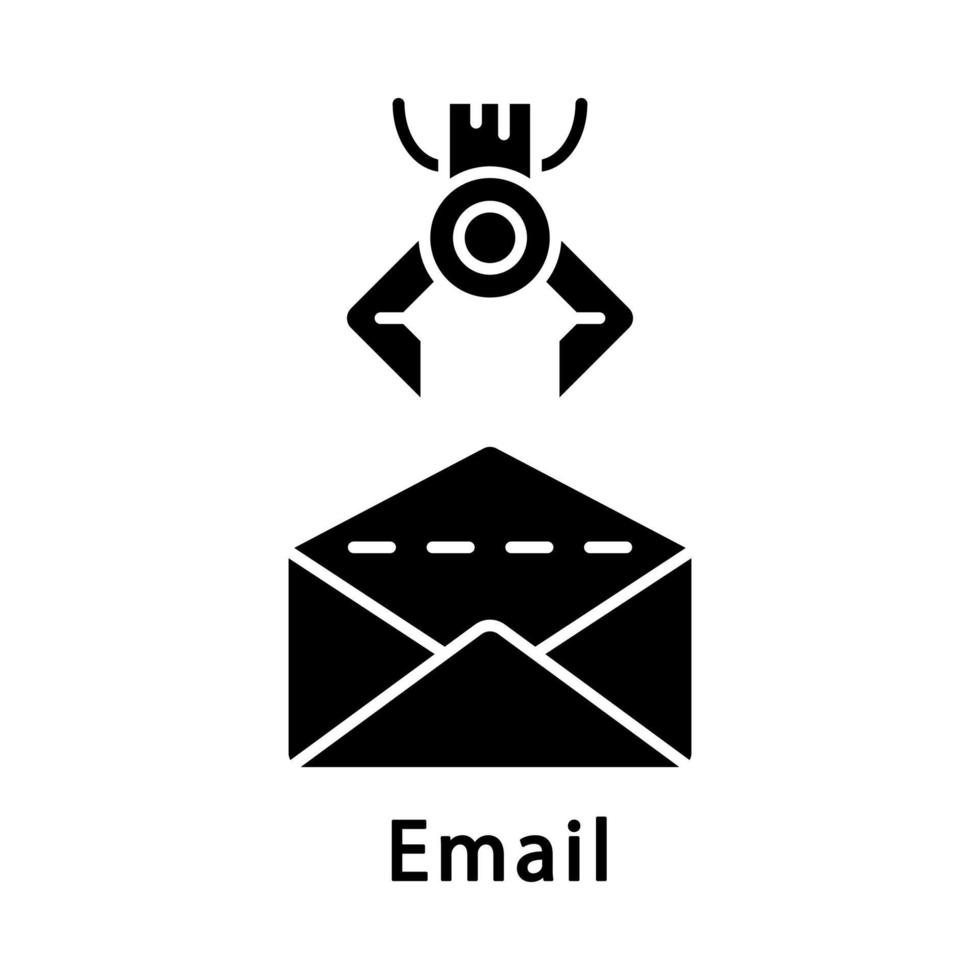 Symbol für E-Mail-Glyphe. Roboter öffnet Umschlag. Arbeitsabläufe automatisieren. kaufmännische Prozessautomatisierung. rpa. Silhouettensymbol. negativer Raum. vektor isolierte illustration