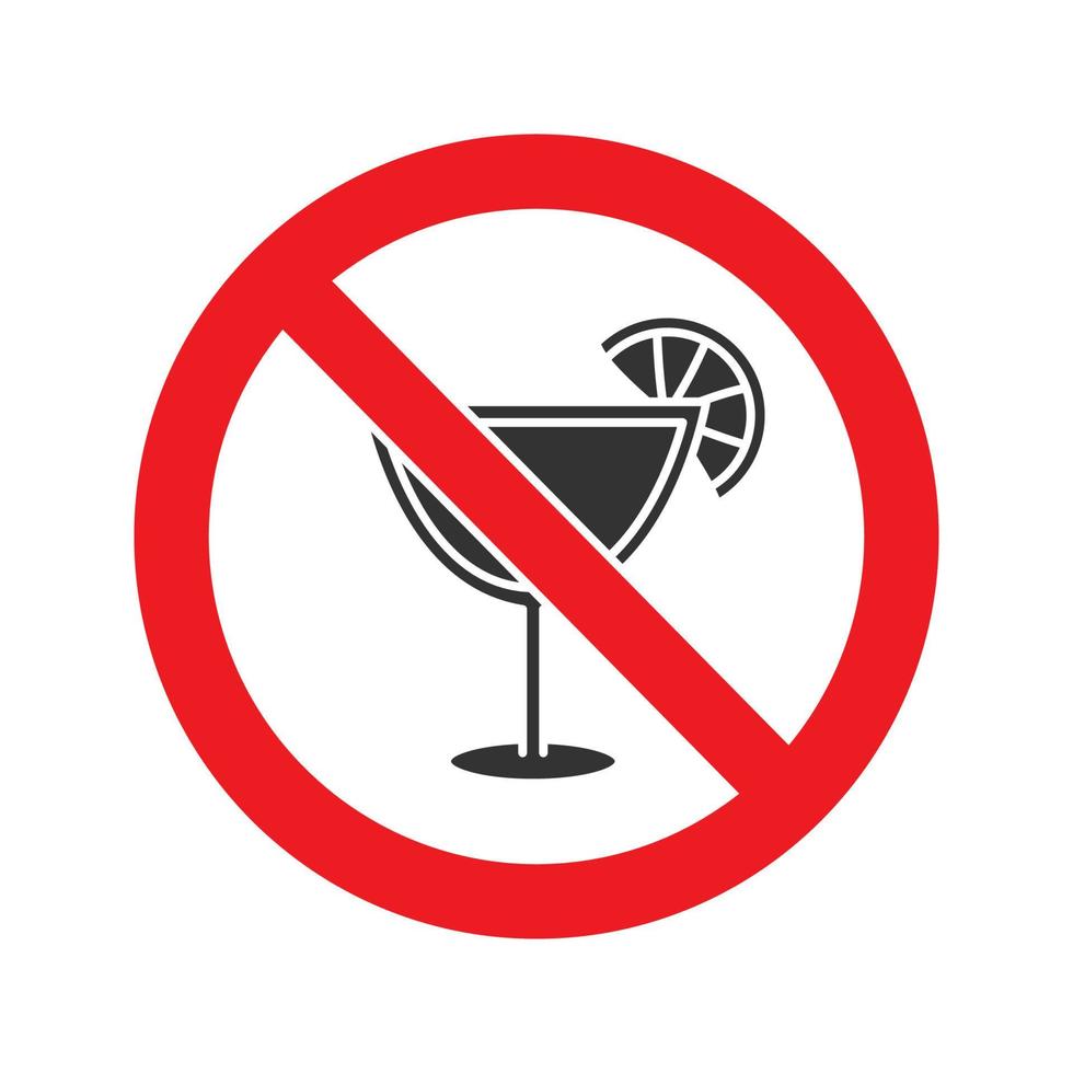 Verbotenes Schild mit Cocktail-Glyphen-Symbol. Silhouettensymbol stoppen. kein Alkoholverbot. negativer Raum. vektor isolierte illustration