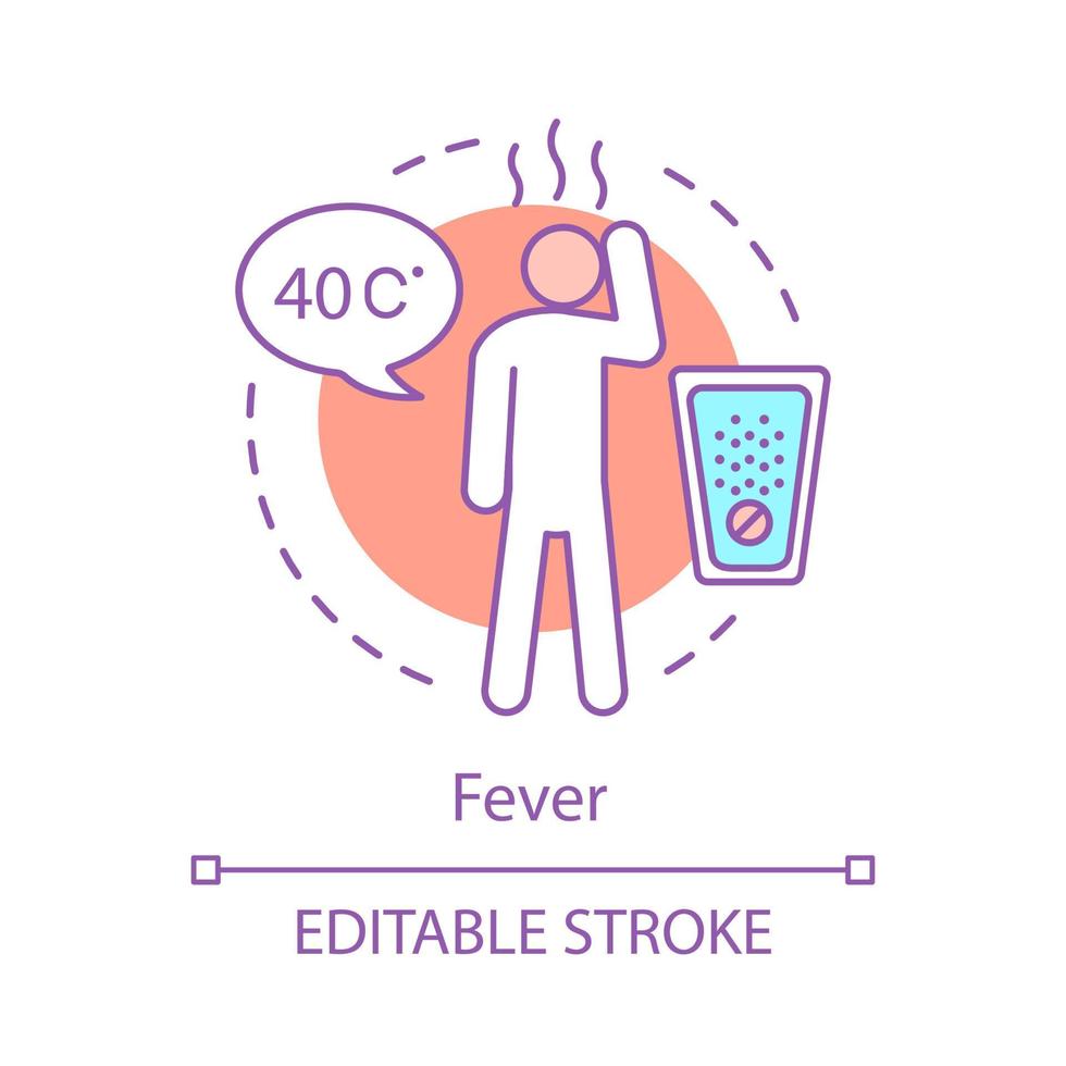 Fieber-Konzept-Symbol. grippe, erkältung, lebensmittelbedingte krankheit symptomidee dünne linienillustration. hohe Temperatur, Kopfschmerzen. Krankheit. Influenza-Infektion. Vektor isoliert Umrisszeichnung. editierbarer Strich