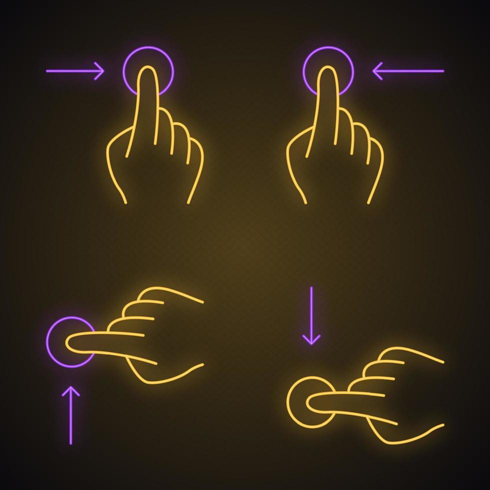 Touchscreen-Gesten Neonlichtsymbole gesetzt. horizontales Scrollen nach links, horizontales Scrollen nach rechts gestikulieren. vertikales Scrollen nach oben und vertikales Scrollen nach unten. leuchtende Zeichen. Vektor isolierte Illustrationen