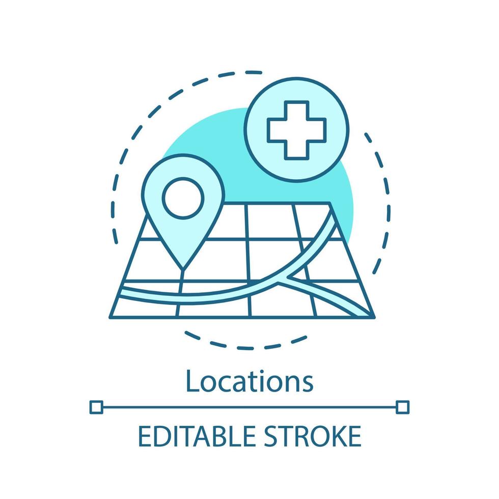 platser koncept ikon. första hjälpen geoposition. överkomlig sjukvård. nålpunkt på kartan. hälso-och sjukvård navigering idé tunn linje illustration. vektor isolerade konturritning. redigerbar linje