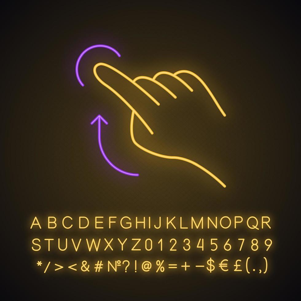 Symbol für Neonlicht mit Geste nach oben streichen. Touchscreen-Gesten. menschliche Hand und Finger. tippen, zeigen, klicken. mit sensorischen Geräten. leuchtendes zeichen mit alphabet, zahlen und symbolen. vektor isolierte illustration