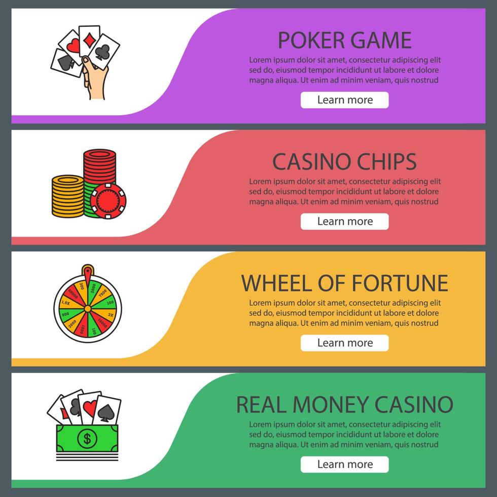 Casino-Web-Banner-Vorlagen festgelegt. Poker, Casino-Chips, Glücksrad, Echtgeldspiel. Menüelemente in Farbe der Website. Vektor-Header-Design-Konzepte vektor