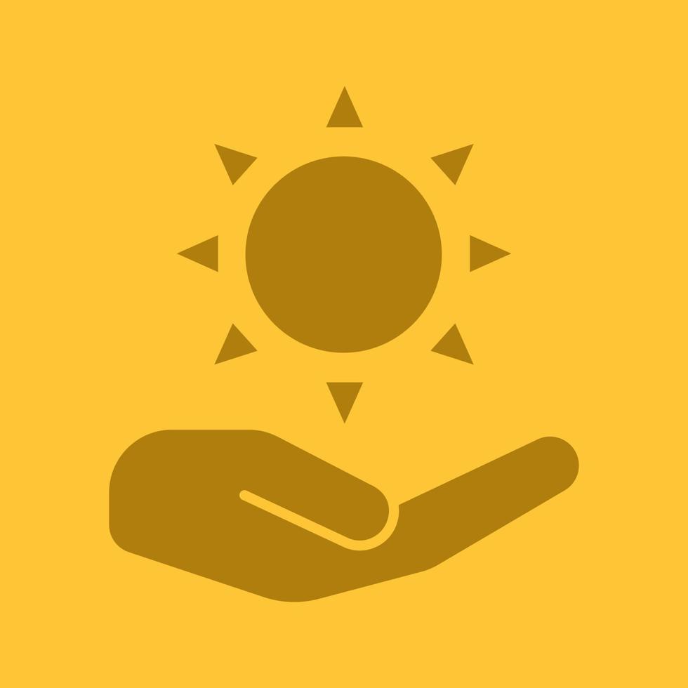 öppen hand med solen glyf färgikon. använder solenergi. siluett symbol. naturvård. negativt utrymme. vektor isolerade illustration