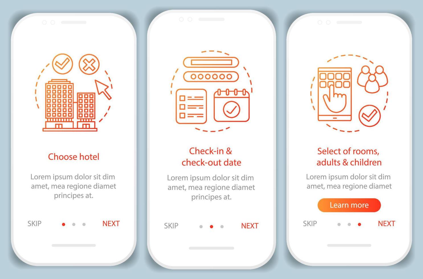 hotellbokning onboarding app skärm vektor mall. välja boende, lägenhet. vandrarhem, motell. välj rum och boka. genomgång av webbplatsens steg. ux, ui, gui smartphone-gränssnitt
