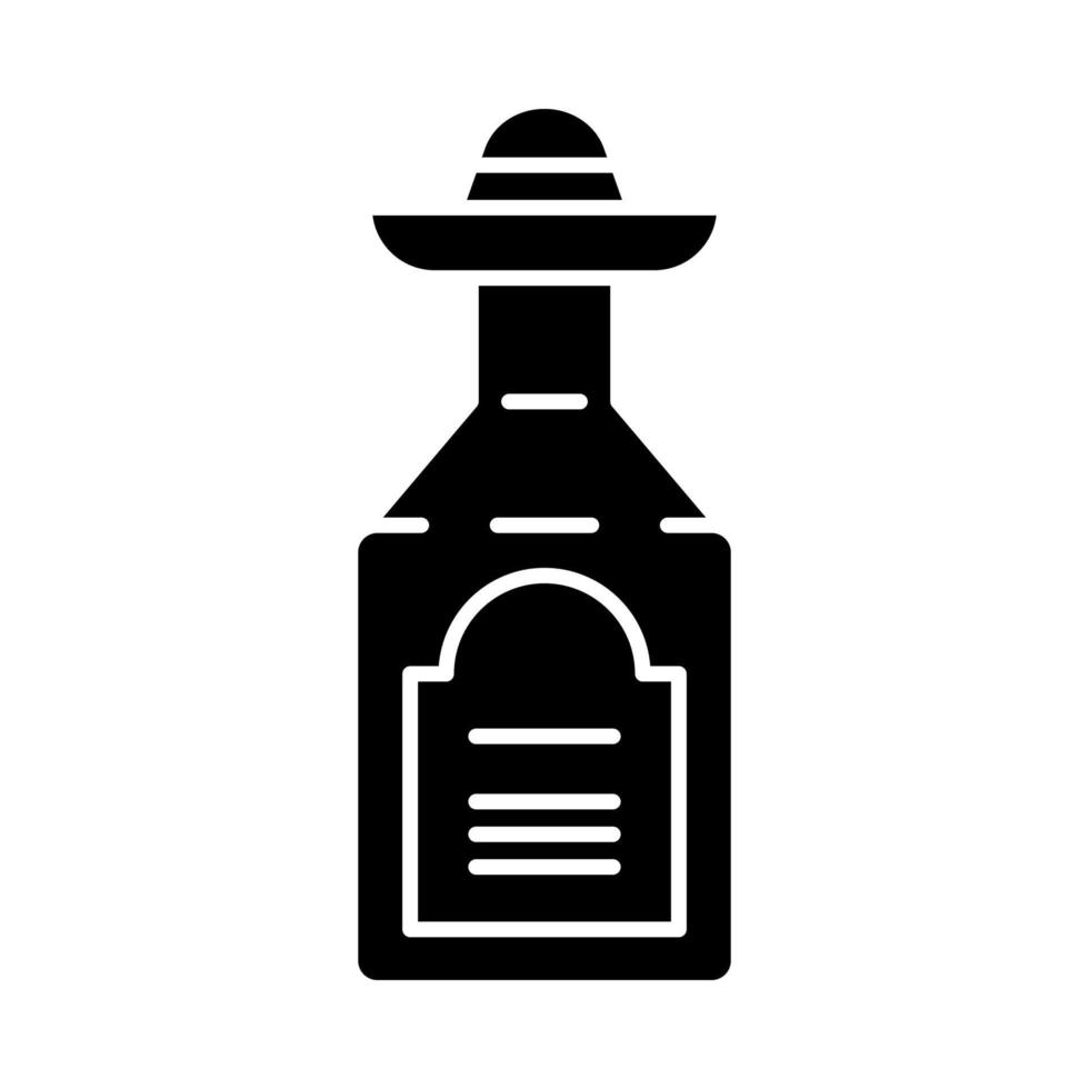 tequila glyfikon. mexikansk stark alkoholhaltig dryck. flaska med sombreropropp. siluett symbol. negativt utrymme. vektor isolerade illustration