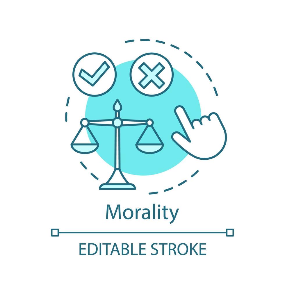 Symbol für das Moralkonzept. Gerechtigkeit Idee dünne Linie Illustration. moralische Wahl. Probleme lösen. Gesetz Gleichgewicht. Verhaltenskodex. ethischen Entscheidungsfindung. Vektor isoliert Umrisszeichnung. editierbarer Strich