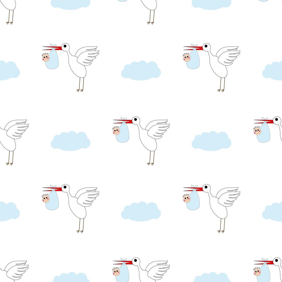 barns bakgrund. stork med en baby i molnen. mall. illustration. vektor