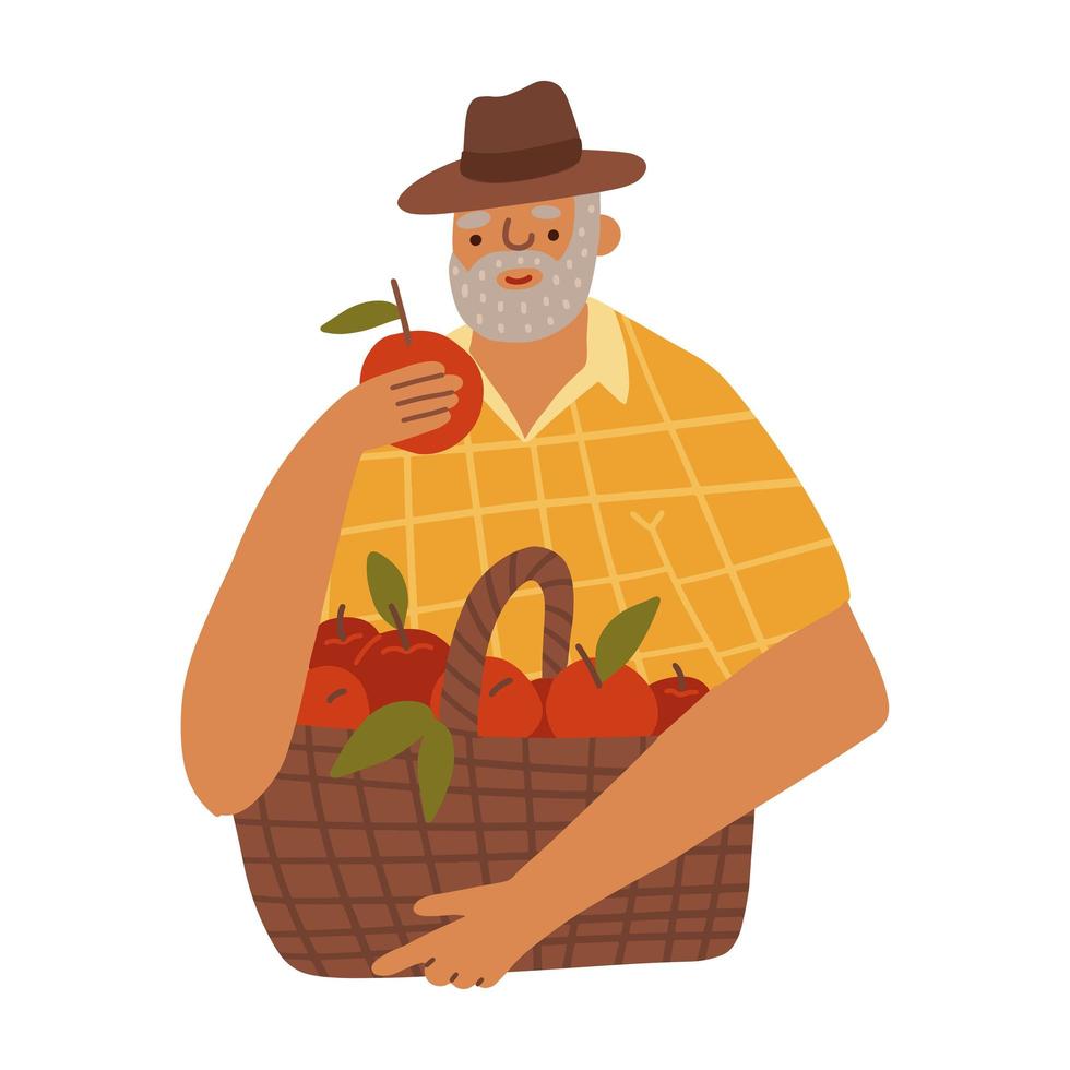 Zeichentrickfigur - alter Mann Bauer hält roten Apfel mit Korb isoliert auf weiß. stehender und lächelnder männlicher Charakter im gelben karierten Hemd. flache vektorillustration. vektor