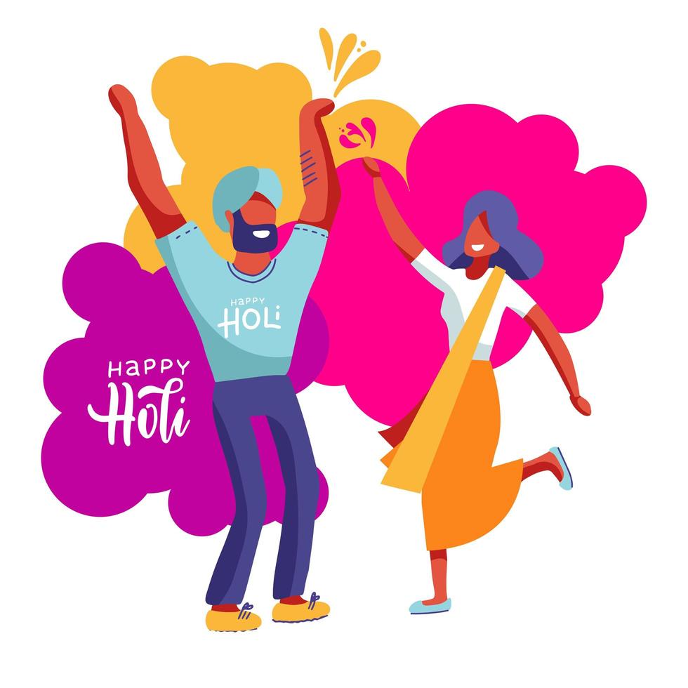 illustration av indier par firar tillsammans holi festival, dholi spelar dhol på färgstänk bakgrund. affisch eller banner design för holi festival. vektor