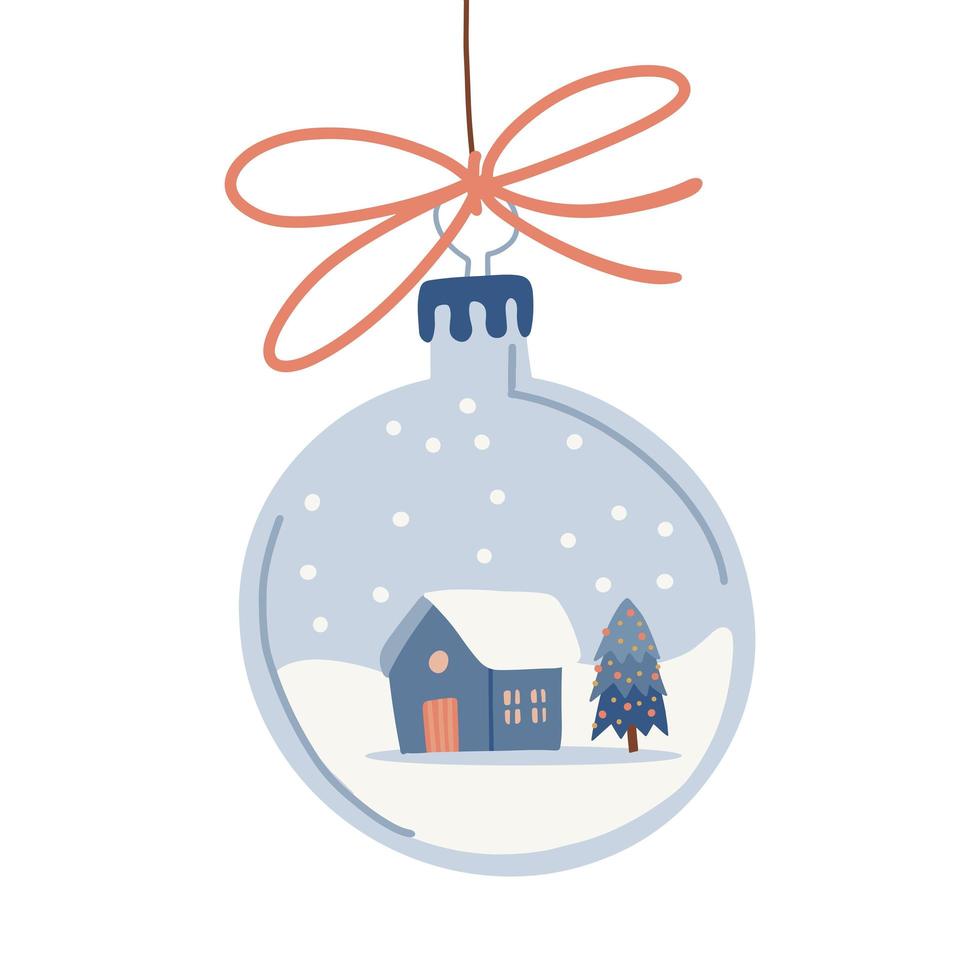 genomskinliga silver julgranskulor med festlig scen inuti. mysigt hus med gran på ett snöigt landskap. hängande julgranskula med rosett. handritad platt vektorillustration. vektor