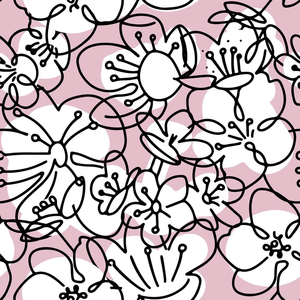 große Kirschblüten. abstrakte Formen und Linien nahtloses Muster. florale Hintergrundtextur. Stoffdesign in Schwarz, Pink und Weiß vektor