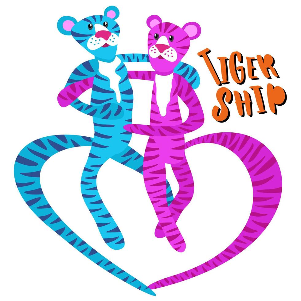 zwei Tiger, blau und rosa, die sich umarmen. Freundschaft der Tiger. vektor