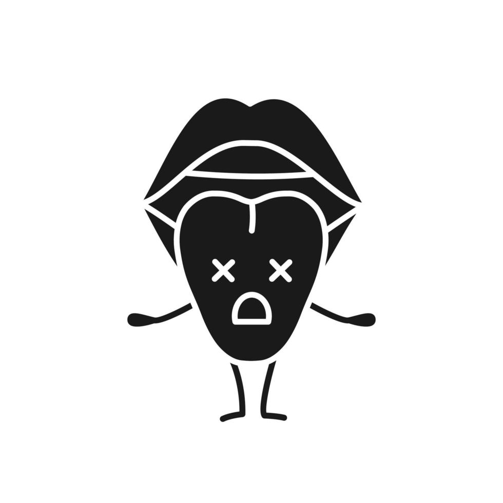 trauriges Zungenzeichen-Glyphen-Symbol. Silhouettensymbol. offener weiblicher Mund. ungesunde Mundhöhle. Emoji mit unglücklicher Kehle. negativer Raum. vektor isolierte illustration