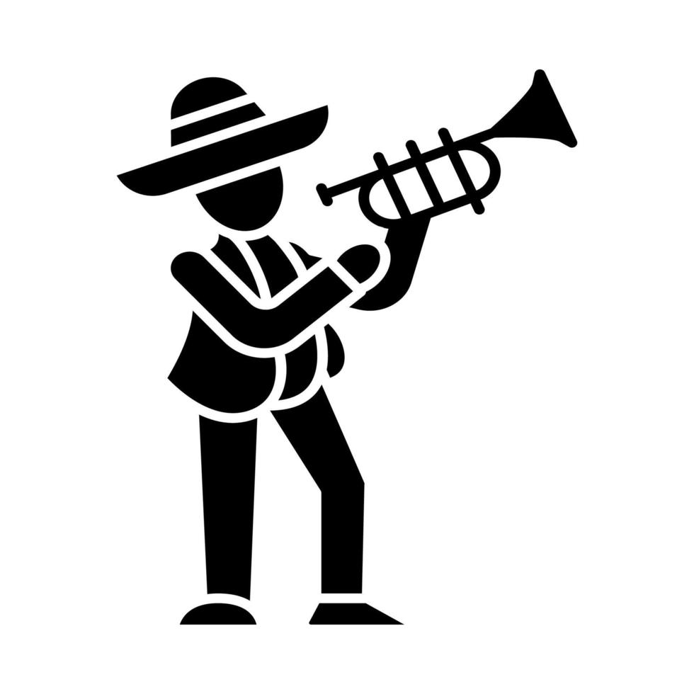 Mexikaner mit Trompeten-Glyphen-Symbol. lateinamerikanischer musiker. Trompeter im Sombrero. Silhouettensymbol. negativer Raum. vektor isolierte illustration