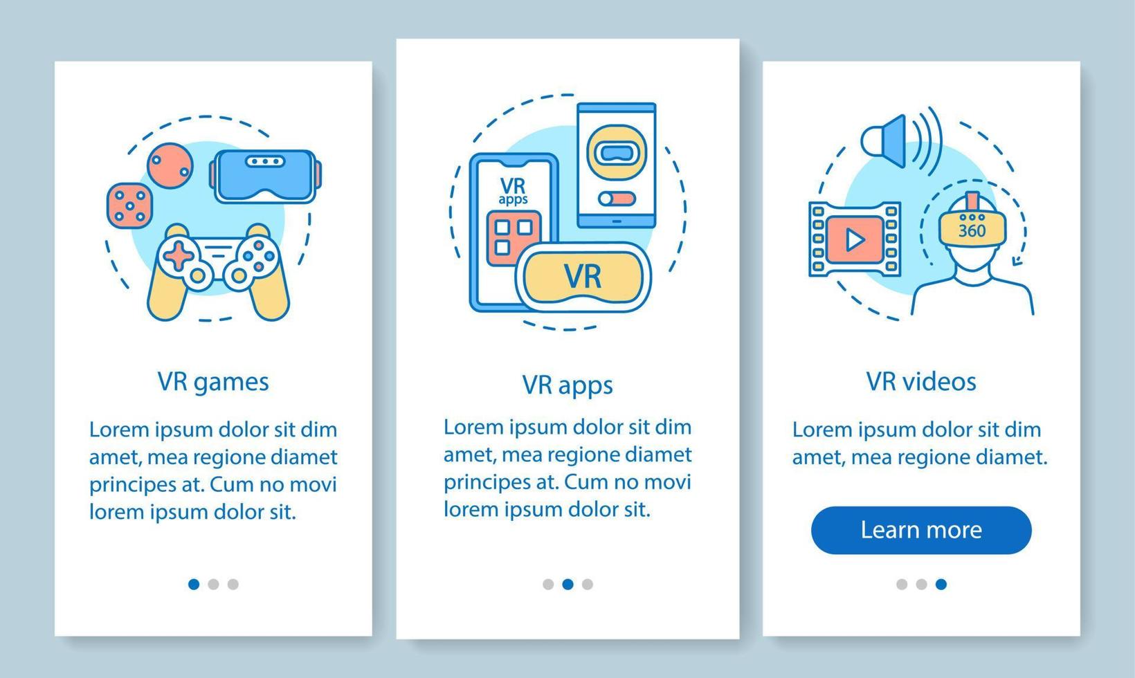 virtuell verklighet onboarding mobil app sidskärm med linjära koncept. vr underhållning. vr-spel, appar, videor genomgångssteg grafiska instruktioner. ux, ui, gui vektormall med illustrationer vektor