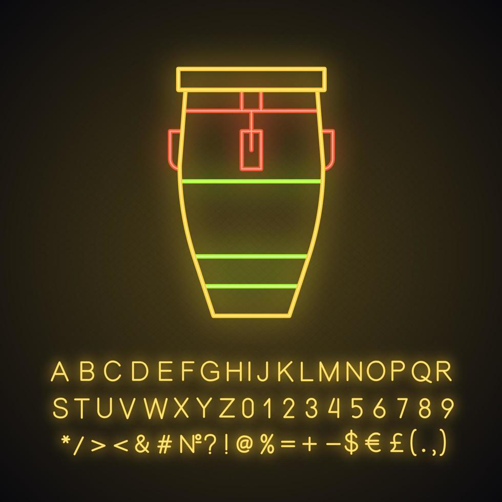 Symbol für Neonlicht der mexikanischen Trommel. Konga. tumbadora. große röhrenförmige große Trommel. leuchtendes zeichen mit alphabet, zahlen und symbolen. vektor isolierte illustration