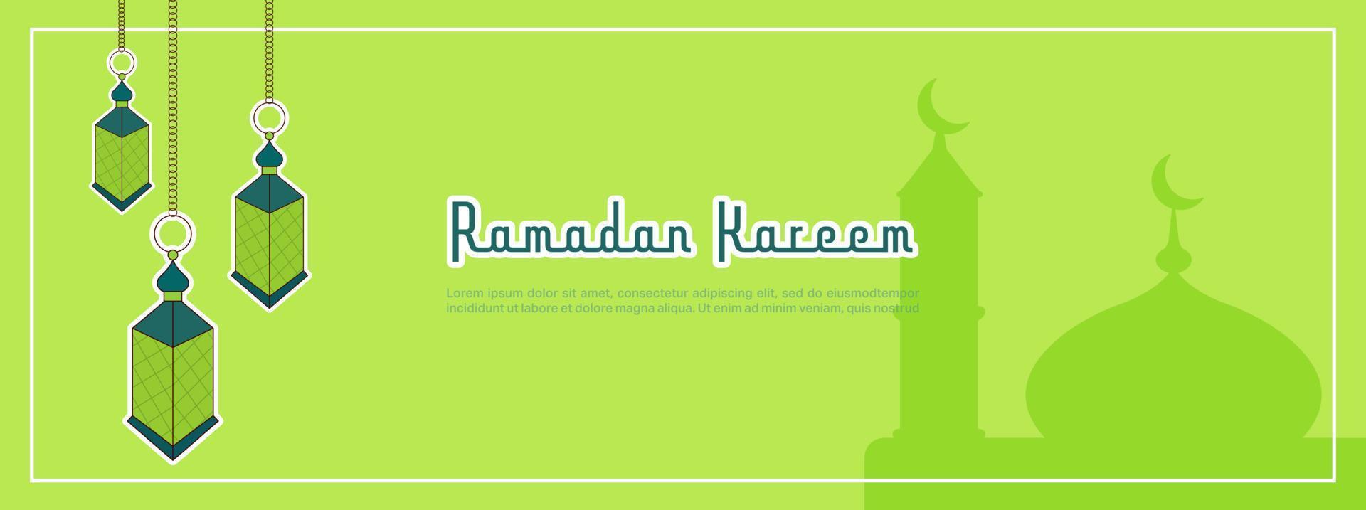 ramadan kareem horisontell vektor banner. muslimsk religion helig månad platt banner kopia utrymme vektorillustration. banner med lampor dekoration.