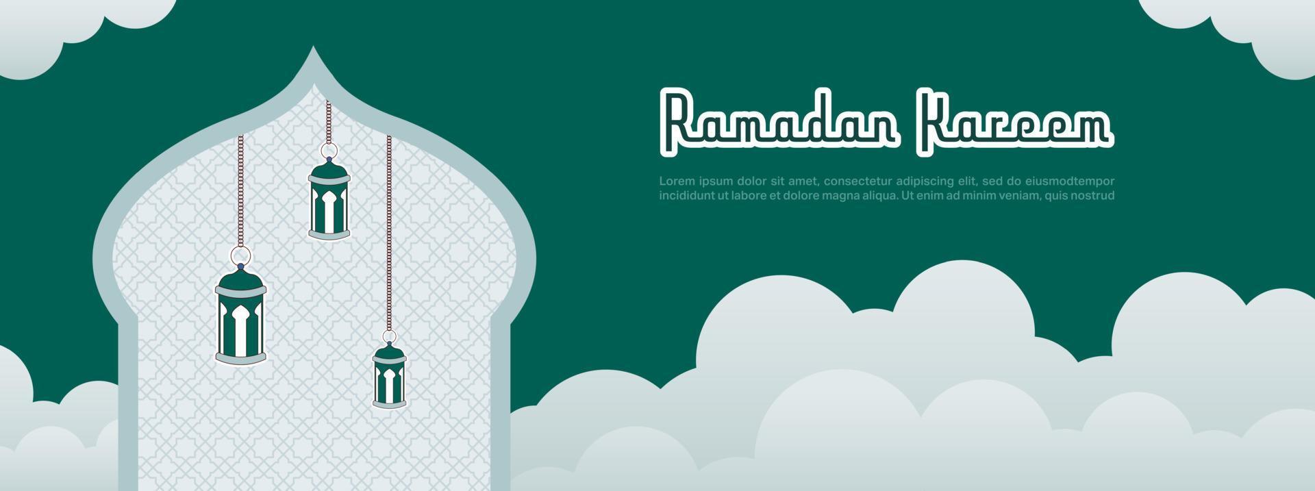 ramadan kareem horisontell vektor banner. muslimsk religion helig månad platt banner kopia utrymme vektorillustration. banner med lampor dekoration.