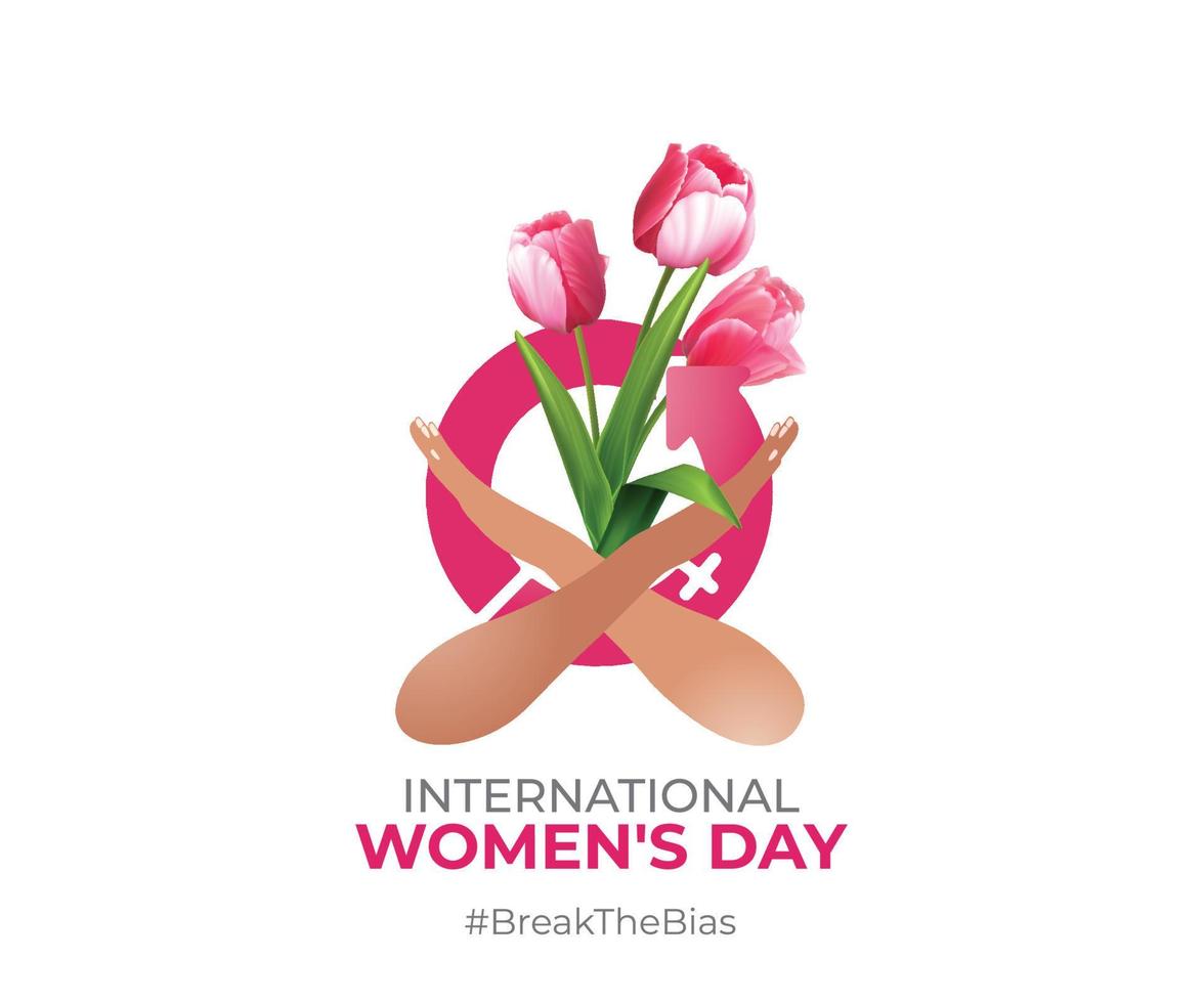 internationales frauentagskonzept. zeichen der frau und rosa tulpenblumenillustration. Thema der Frauentagskampagne 2022 – Breakthebias vektor