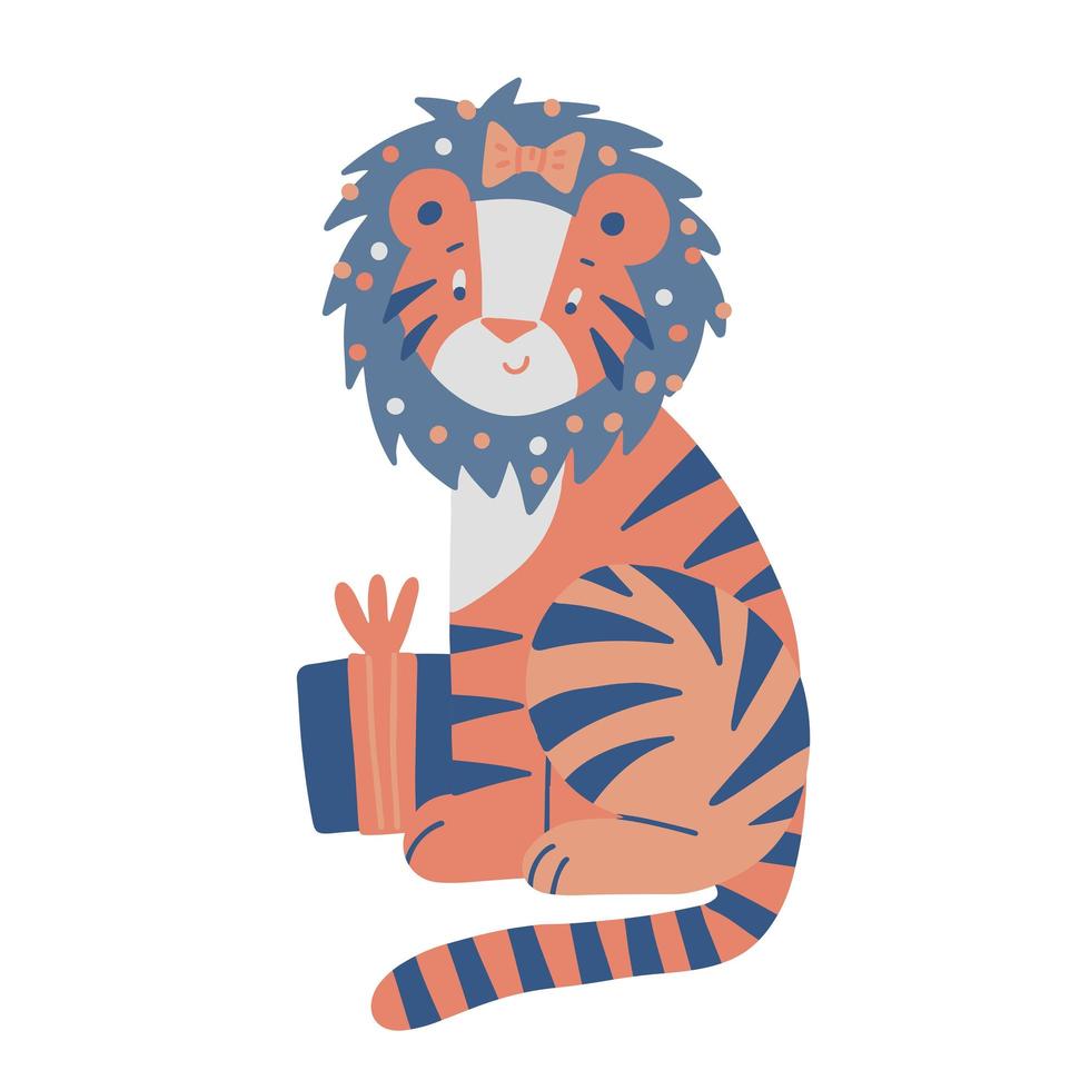 rolig tiger sitter nära presentförpackning med julkrans på huvudet. tecknat djur för kinesiska nyåret. frihandsisolerade element. platt vektor illustration. endast 5 färger - lätt att färga om.