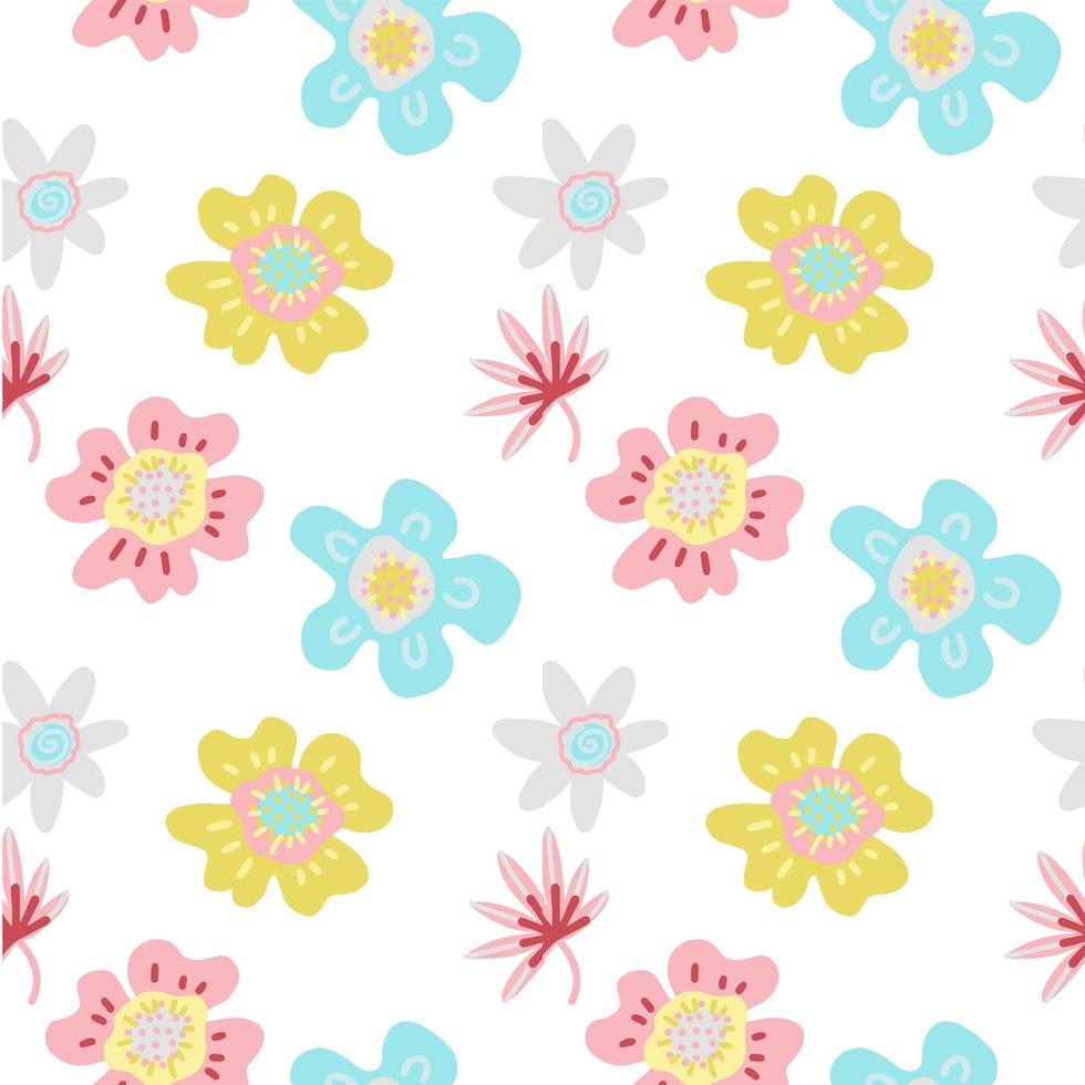 nahtlose bunte Blumenmuster mit wilden abstrakten Blumen auf weißem Hintergrund. einfacher skandinavischer Stil. flache vektorillustration vektor