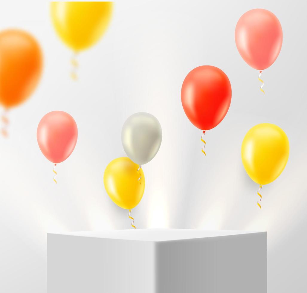 Beleuchtetes Podium mit Luftballons im weißen Innenraum. 3D-Vektor-Illustration vektor