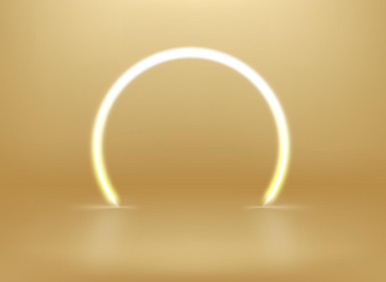 vit neon glödande cirkel på gyllene rum. 3d vektor showcase