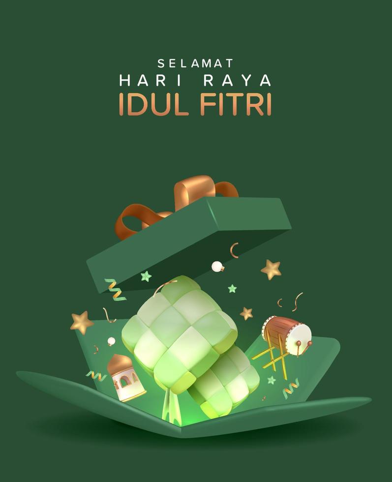 eid mubarak 3d design festliche offene geschenkbox, urlaubsgeschenküberraschungsvektorillustration vektor