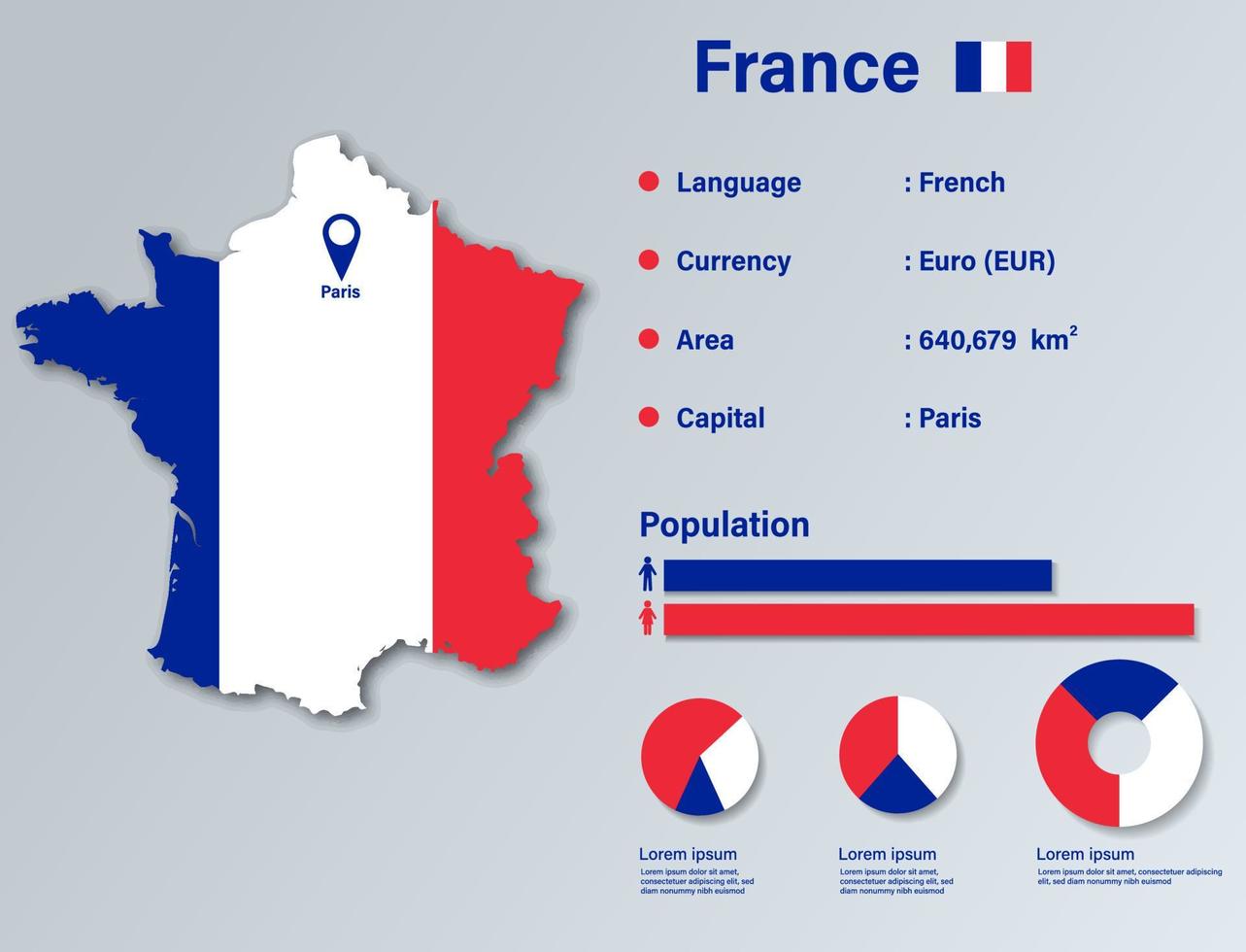 infographic Vektorillustration Frankreichs, statistisches Datenelement Frankreichs, Frankreich-Informationstafel mit Flaggenkarte, flaches Design der Frankreich-Kartenflagge vektor